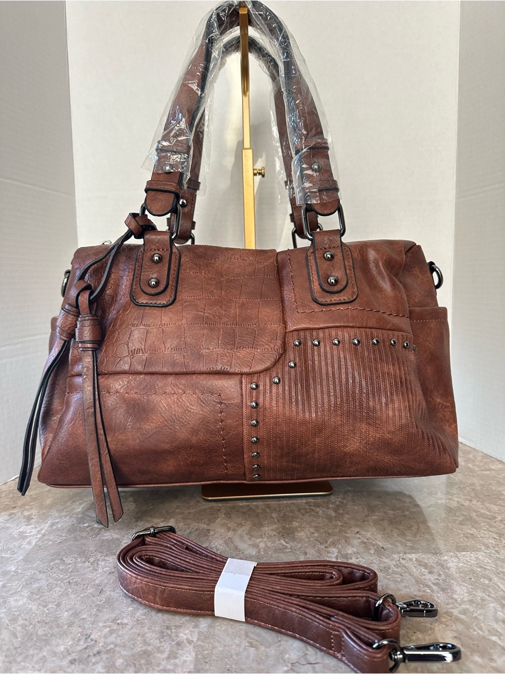 Dasein Brown Barrel Satchel Purse Faux Leather Top Handle Shoulder Bag Crossbody